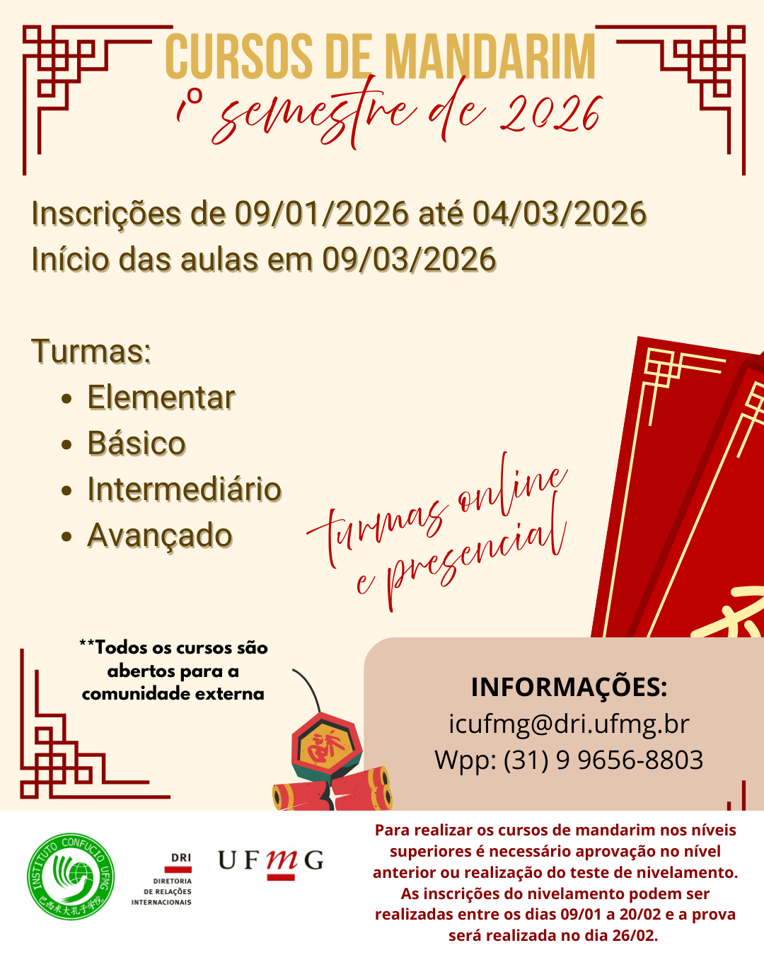 Cursos de Mandarim do 1º semestre de 2026